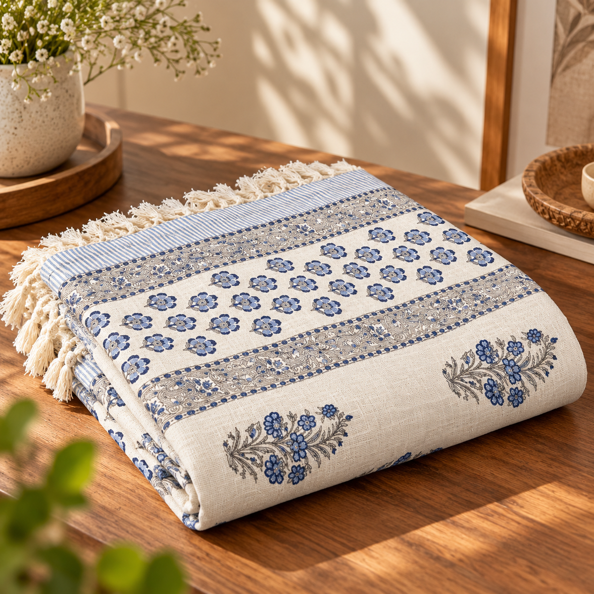 Indigo Bloom Sofa Throw folded