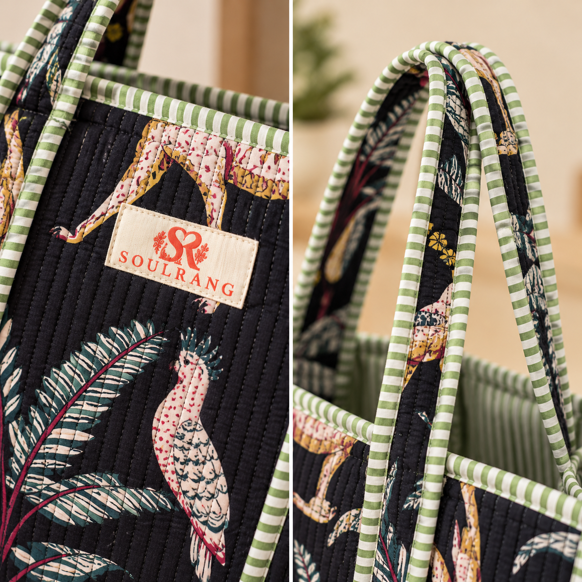 Close-up of the handles, label and quilted fabric on the Safari Tote Bag