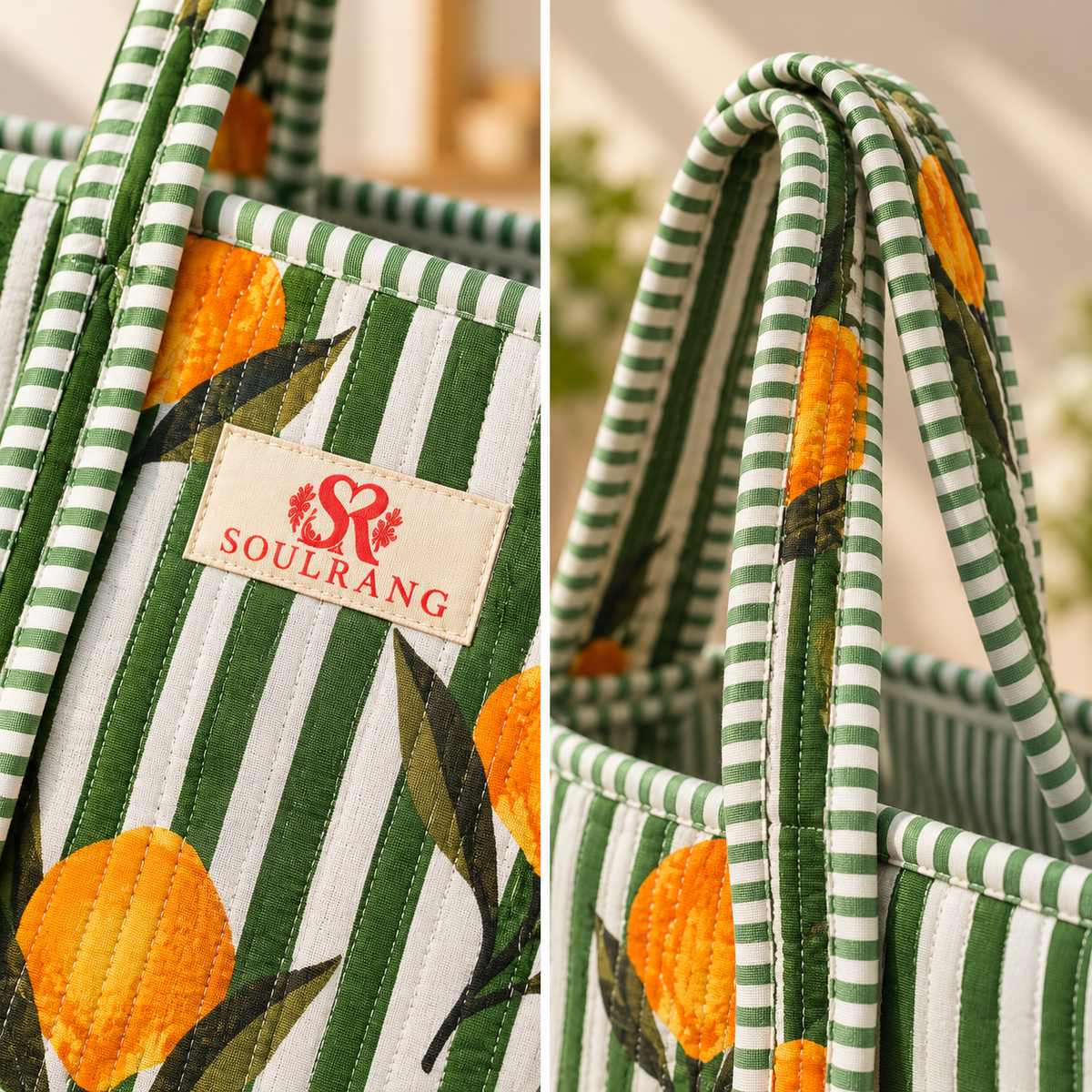Close-up of the handles, label and quilted fabric on the Sunny Stripes Tote Bag