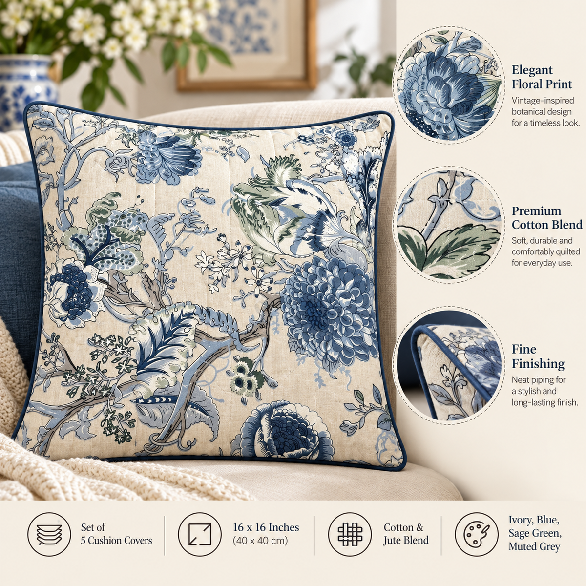 Blue Garden Cushion Cover (Set of 5), fabric, size and finishing details