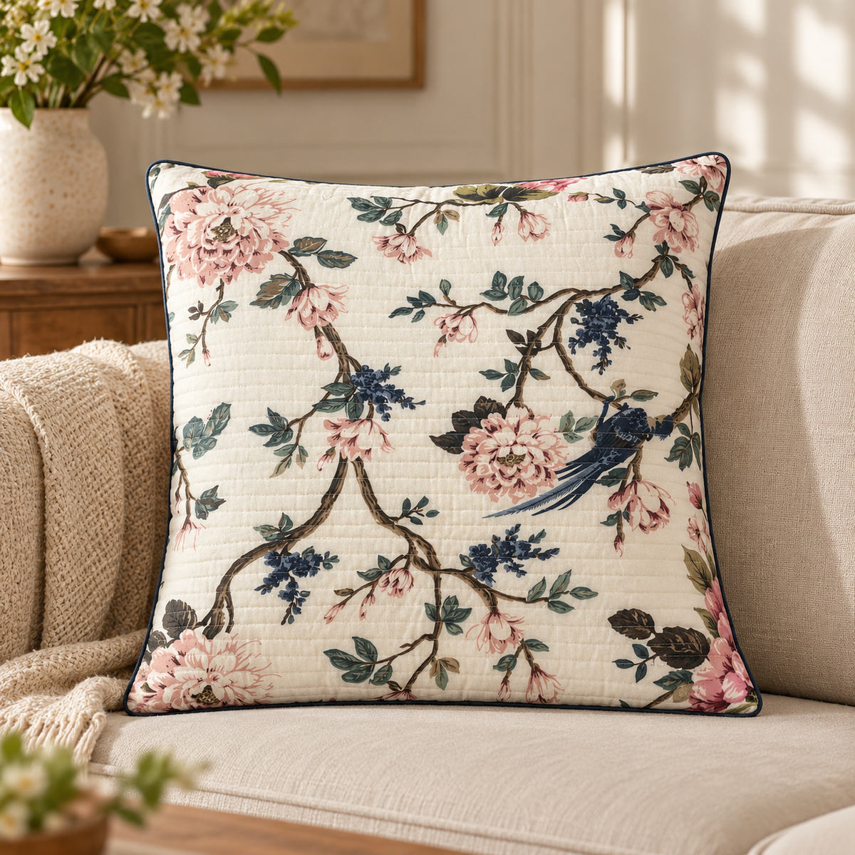 Blush Blossom Quilted Cushion Cover (Set of 5) styled on a sofa