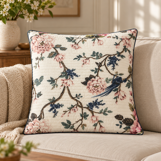 Blush Blossom Quilted Cushion Cover (Set of 5) styled on a sofa
