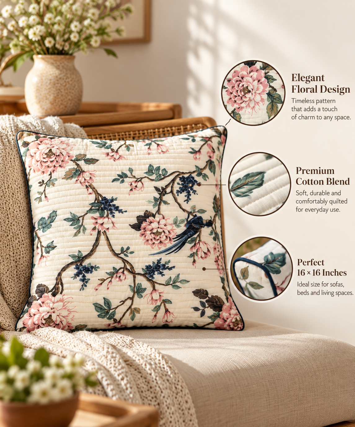 Blush Blossom Quilted Cushion Cover (Set of 5), fabric, size and finishing details