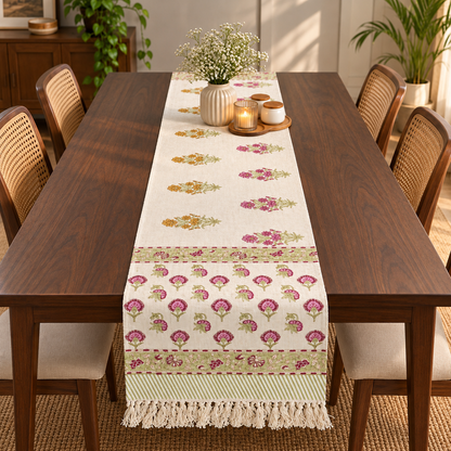 Gulab Table Runner styled on a dining table with flowers and candles