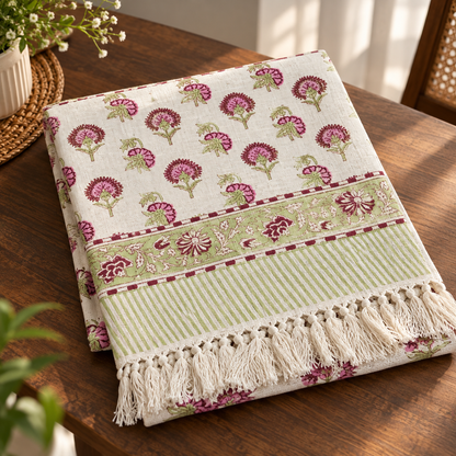 Close-up of the print and fringed edge on the Gulab Table Runner