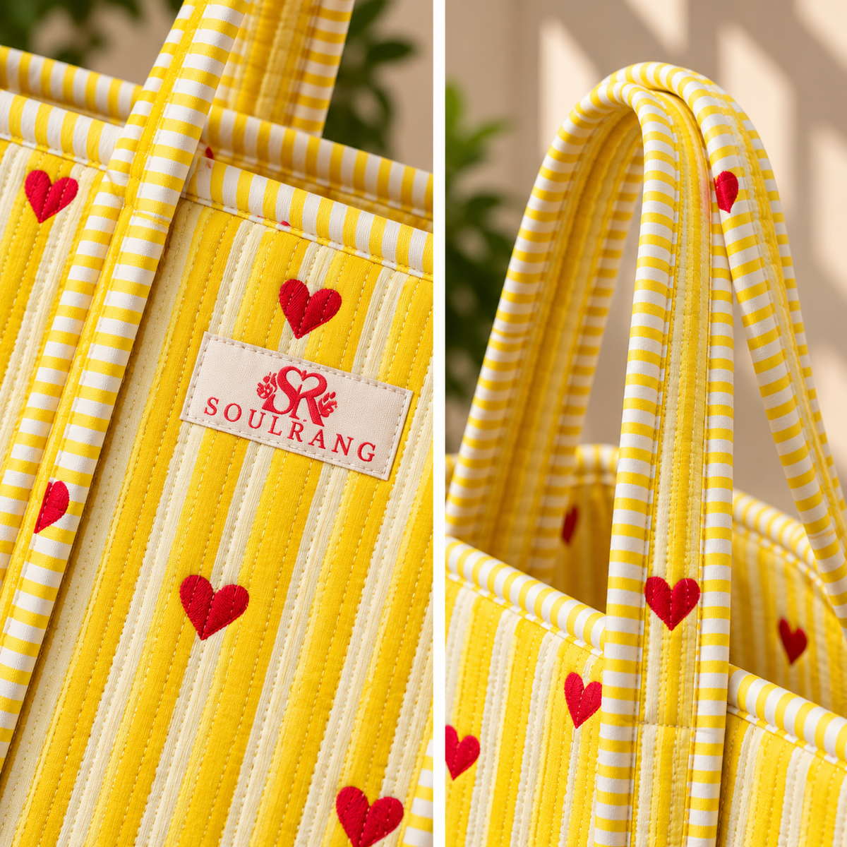 Close-up of the handles, label and quilted fabric on the Happy Hearts Tote Bag