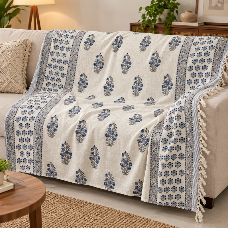 Indigo Bloom Sofa Throw draped over a sofa