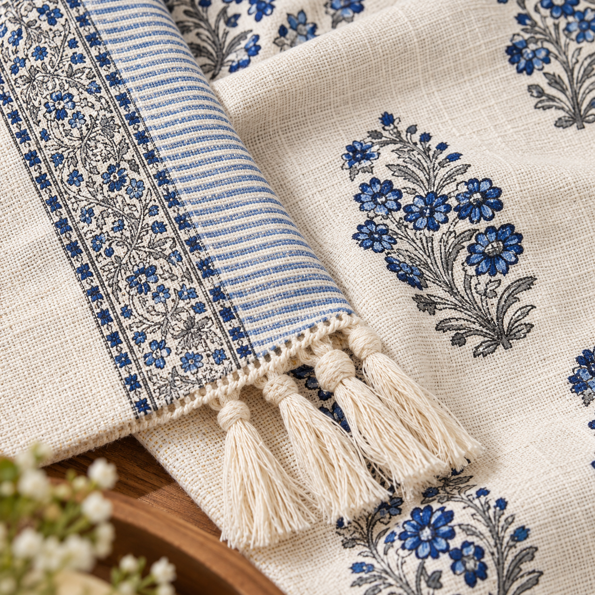 Close-up of the print and fringed edge on the Indigo Bloom Sofa Throw