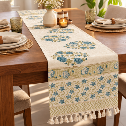 Indigo Garden Table Runner on a dining table