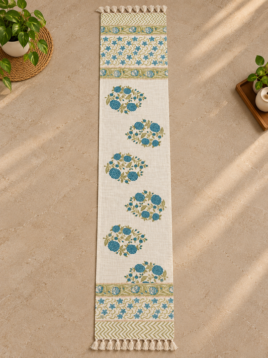 Indigo Garden Table Runner laid flat, showing the full pattern