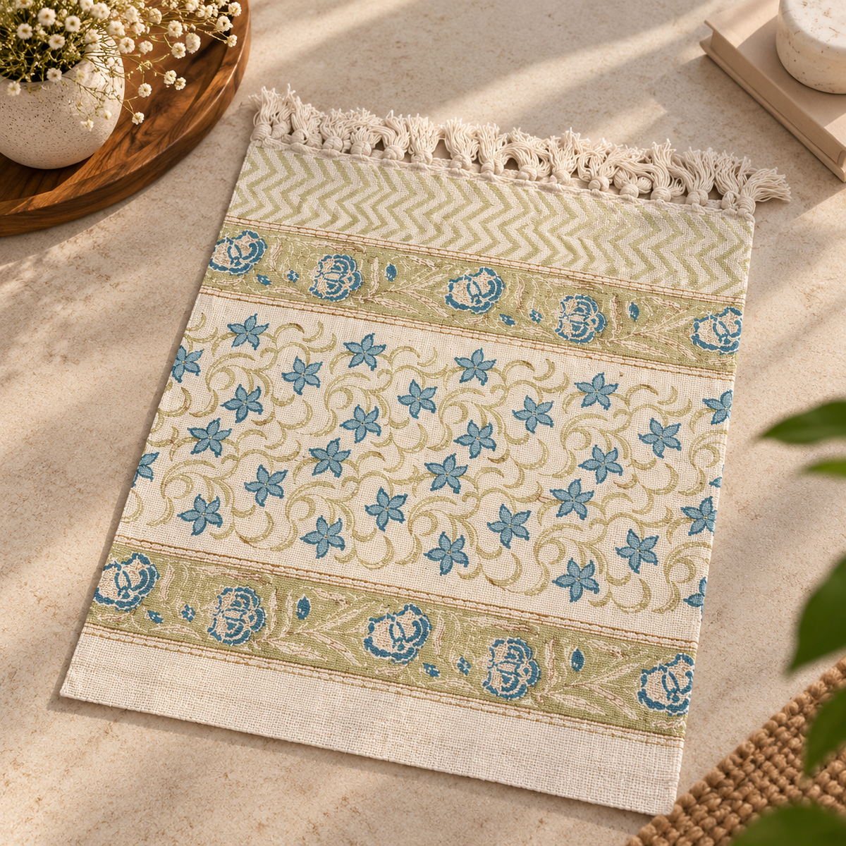 Close-up of the print and fringed edge on the Indigo Garden Table Runner