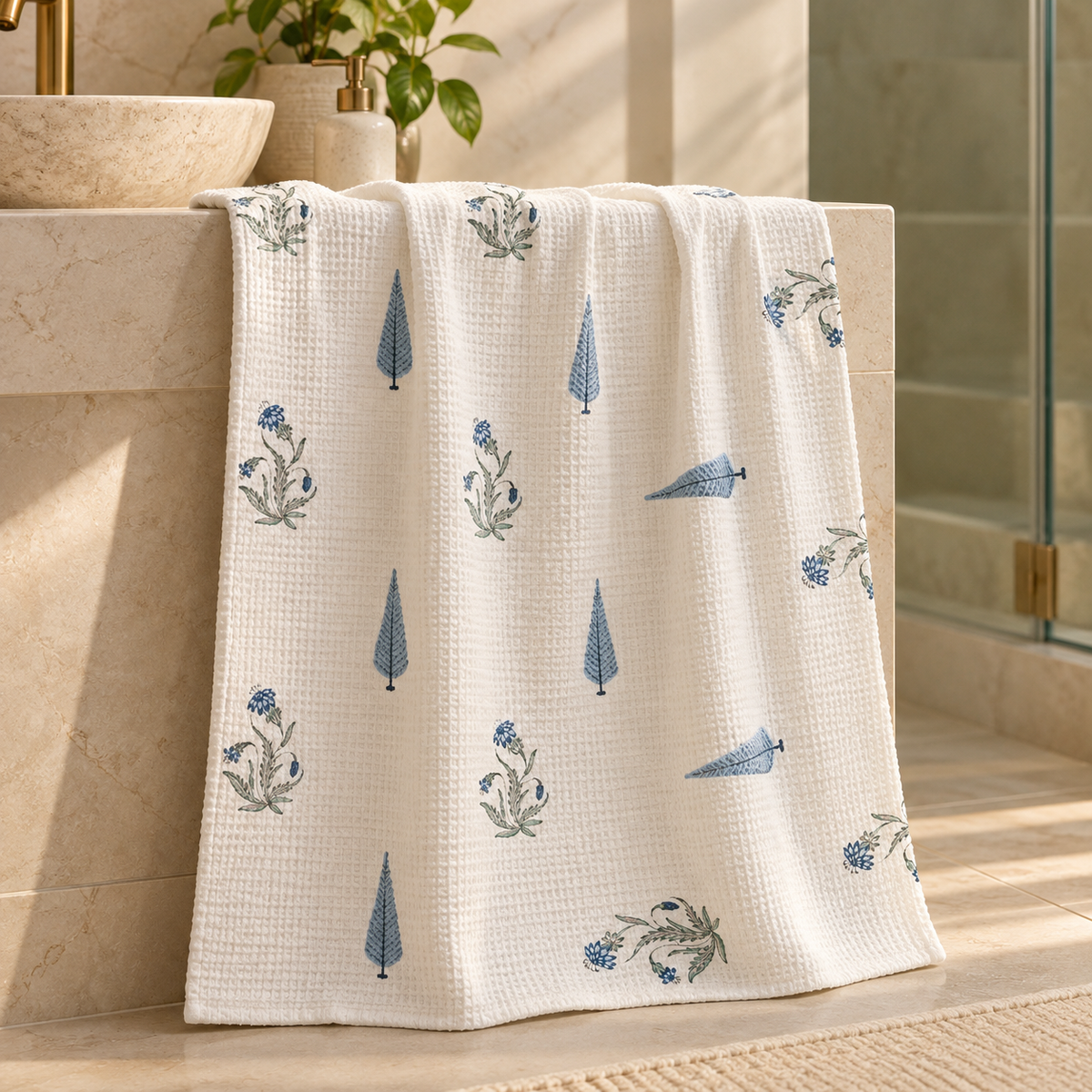 Indigo Leaf Handcrafted Towel in a bathroom