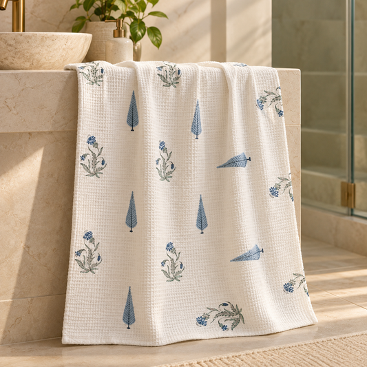 Indigo Leaf Handcrafted Towel in a bathroom