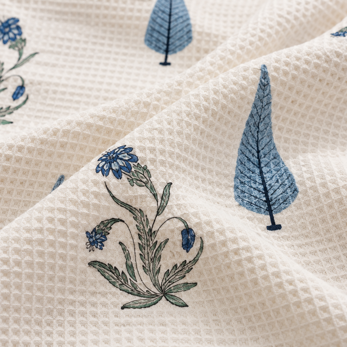 Close-up of the waffle weave and print on the Indigo Leaf Handcrafted Towel