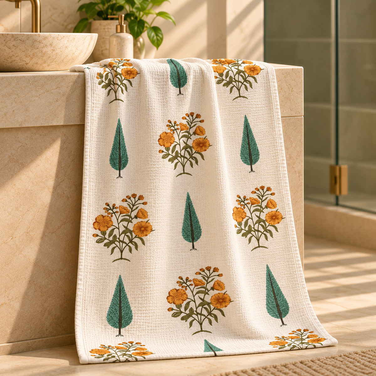 Marigold Grove Handcrafted Towel in a bathroom