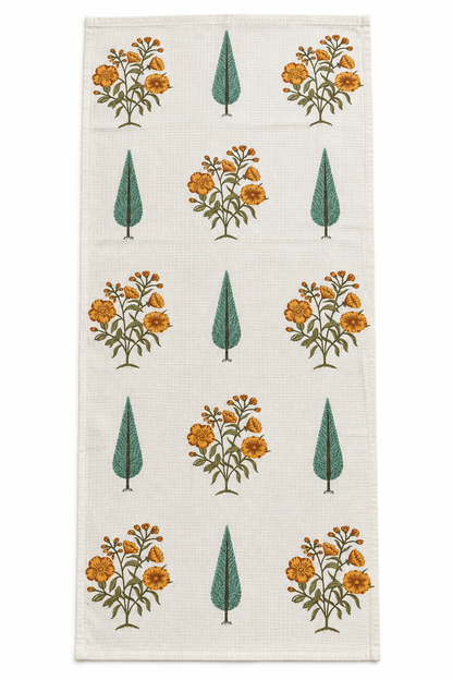 Marigold Grove Handcrafted Towel laid flat, showing the full pattern