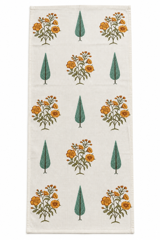 Marigold Grove Handcrafted Towel laid flat, showing the full pattern