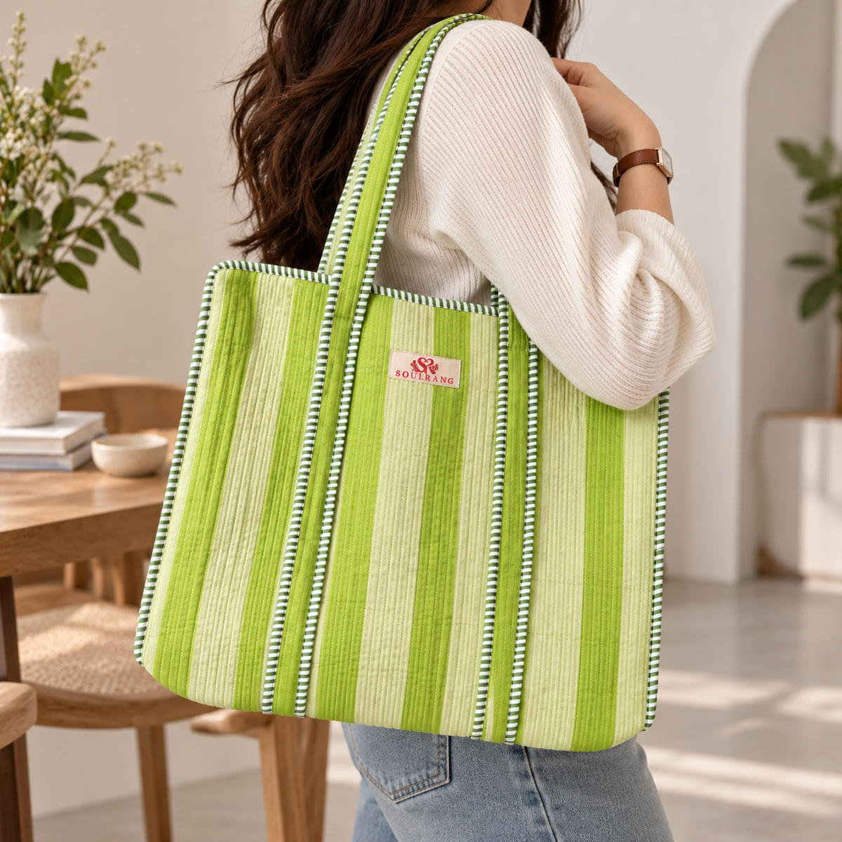 Mint Breeze Tote Bag carried on the shoulder