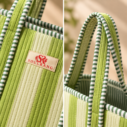 Close-up of the handles, label and quilted fabric on the Mint Breeze Tote Bag
