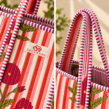 Close-up of the handles, label and quilted fabric on the Petal Pop Tote Bag