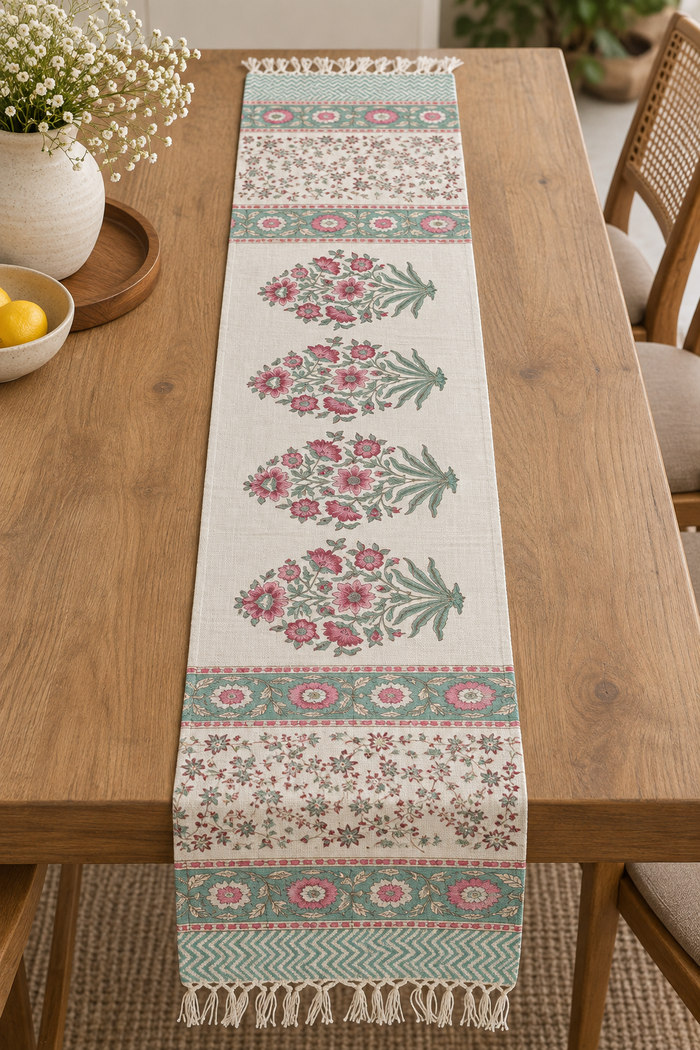 Pink Meadow Table Runner on a dining table