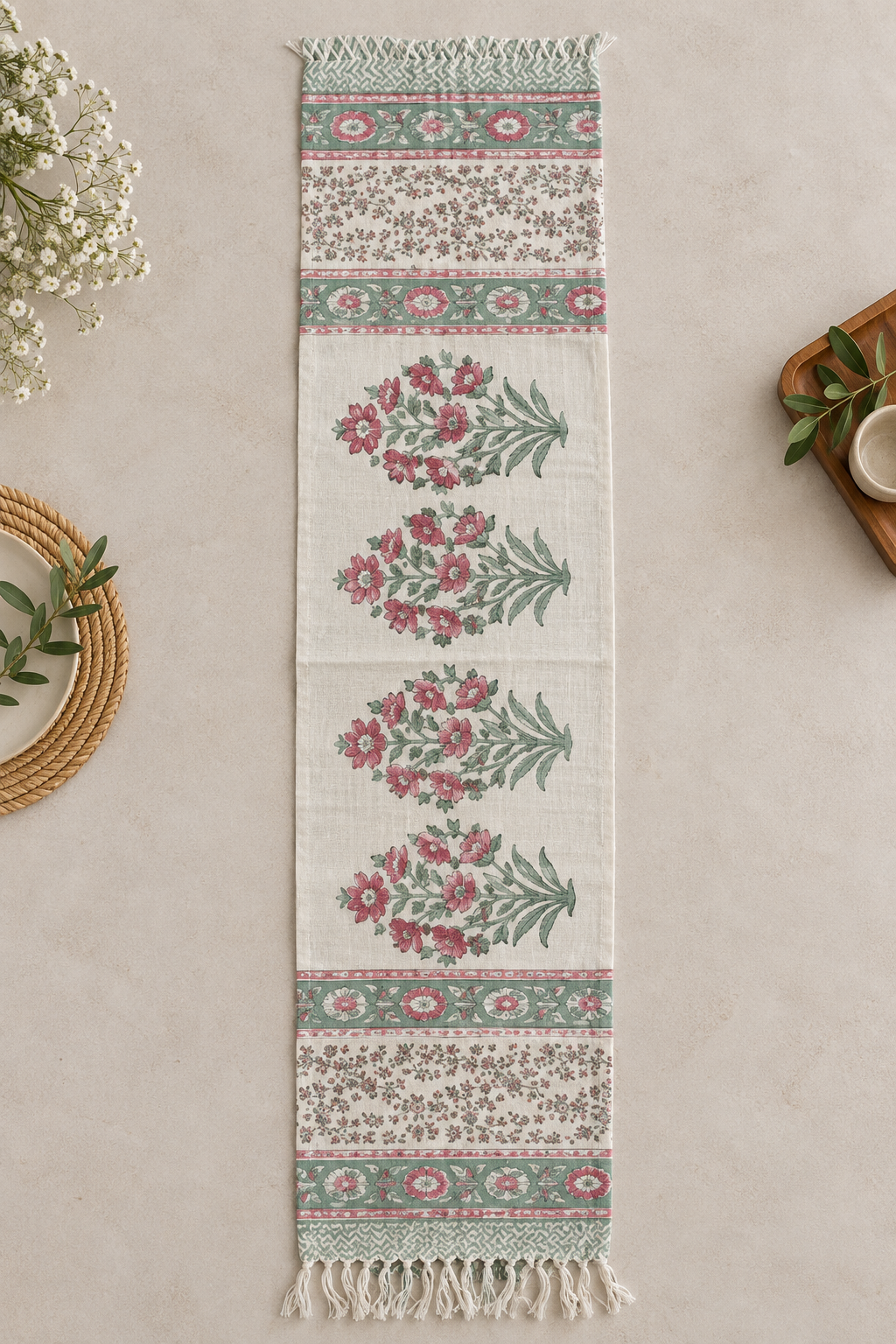 Pink Meadow Table Runner laid flat, showing the full pattern