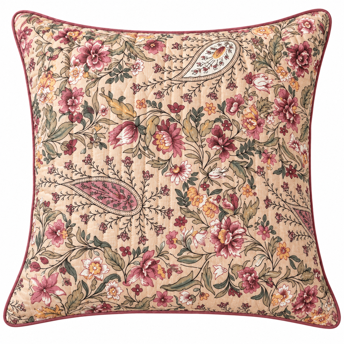 Pink Paisley Quilted Cushion Cover (Set of 5), front view