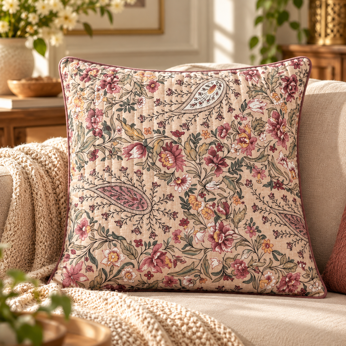 Pink Paisley Quilted Cushion Cover (Set of 5) styled on a sofa