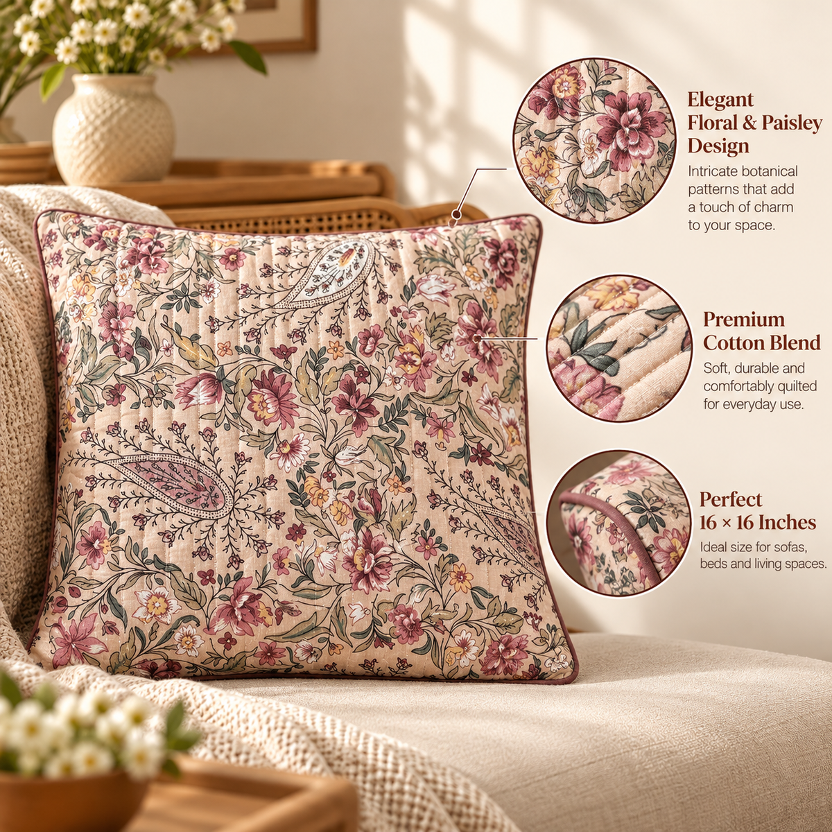 Pink Paisley Quilted Cushion Cover (Set of 5), fabric, size and finishing details