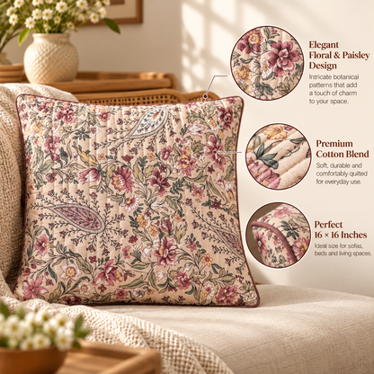 Pink Paisley Quilted Cushion Cover (Set of 5), fabric, size and finishing details