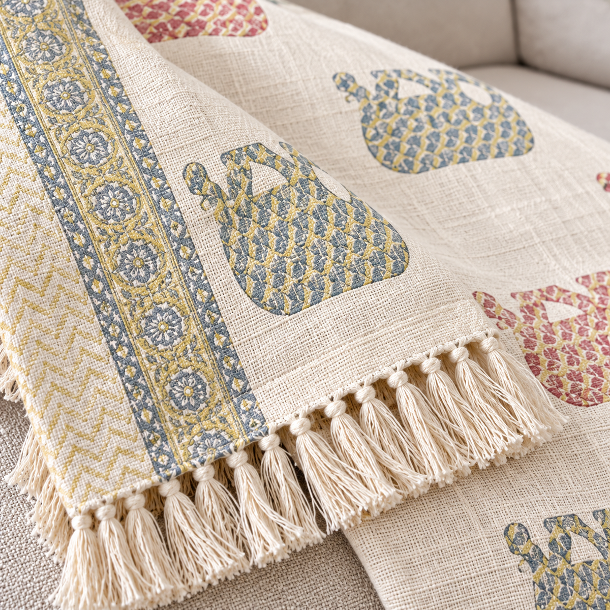 Close-up of the print and fringed edge on the Rangoli Sofa Throw