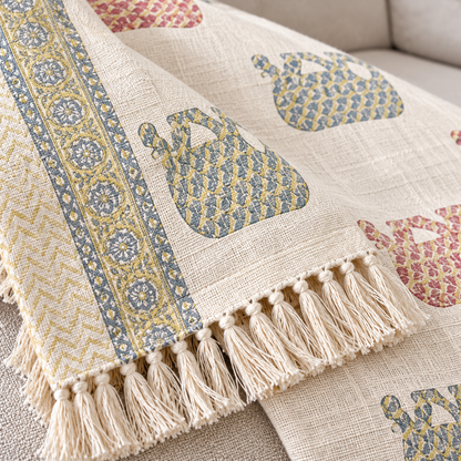 Close-up of the print and fringed edge on the Rangoli Sofa Throw