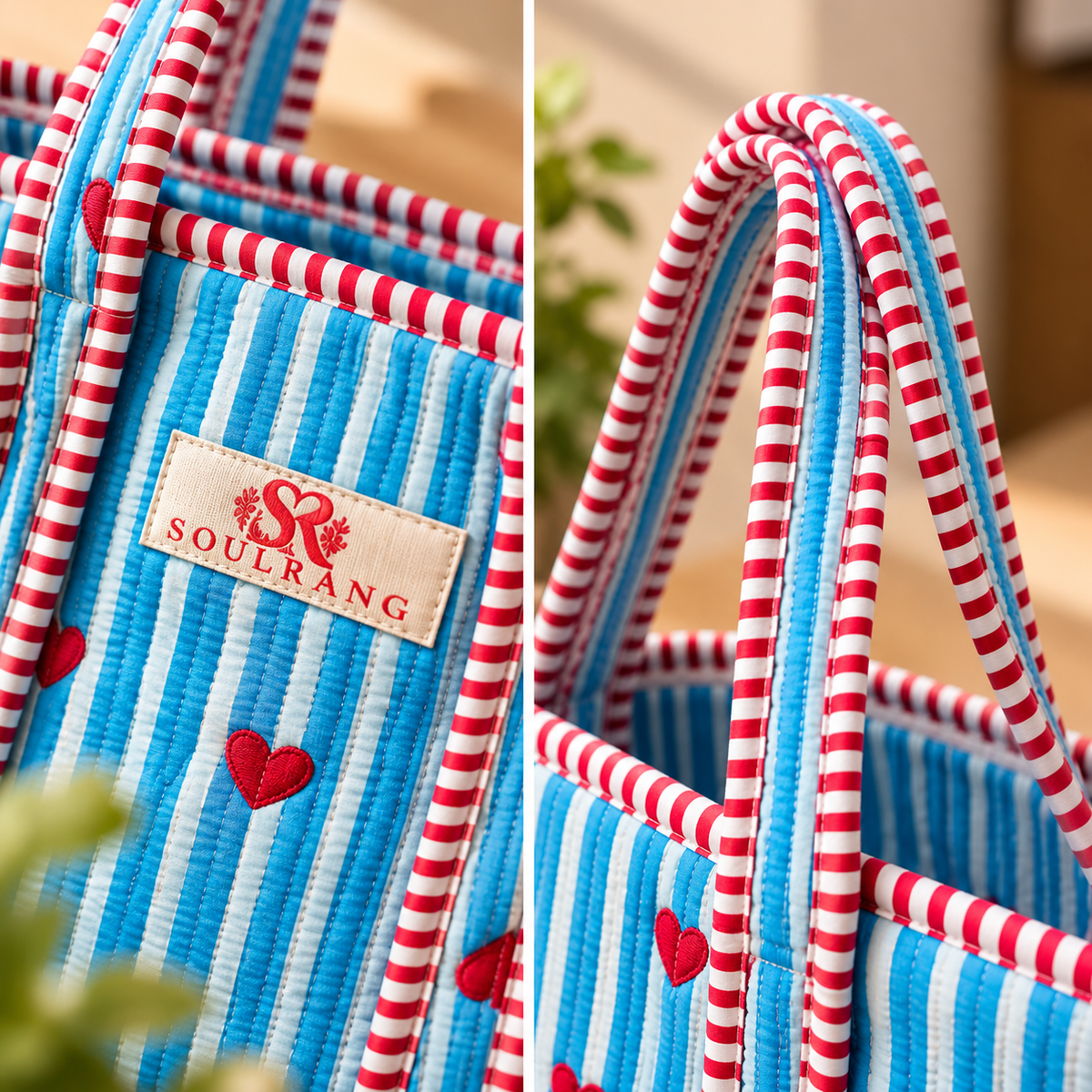 Close-up of the handles, label and quilted fabric on the Blue Hearts - Mini Zipper Tote Bag