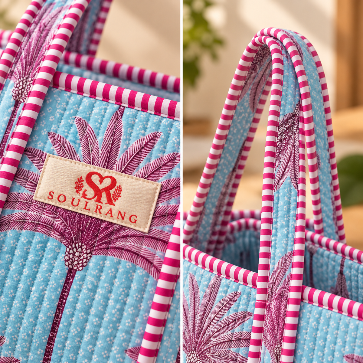 Close-up of the handles, label and quilted fabric on the Breeze - Mini Zipper Tote Bag