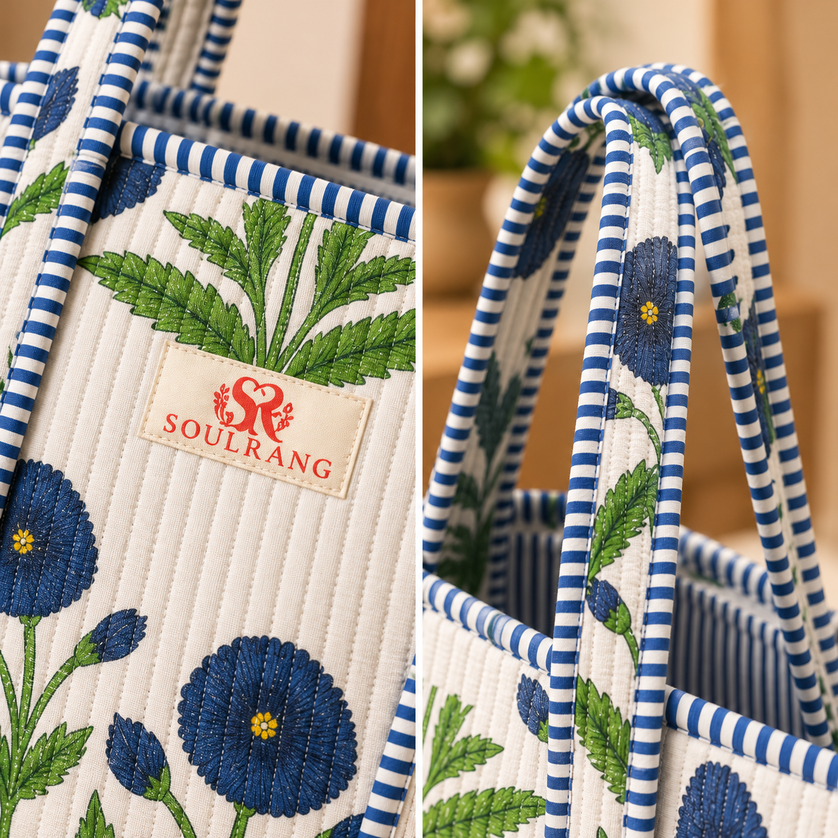 Close-up of the handles, label and quilted fabric on the Indigo Bloom Tote Bag