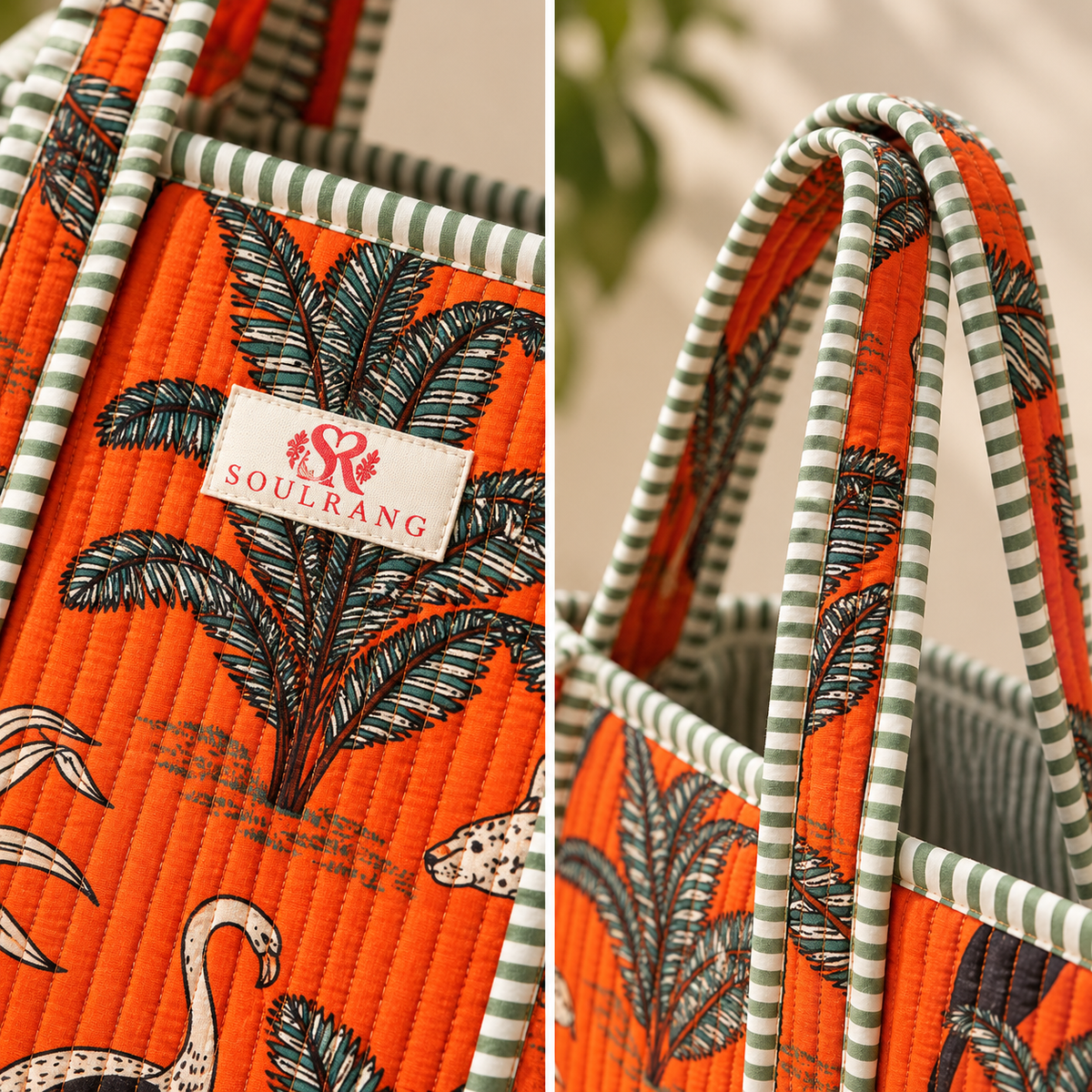 Close-up of the handles, label and quilted fabric on the Jungle Edit Tote Bag