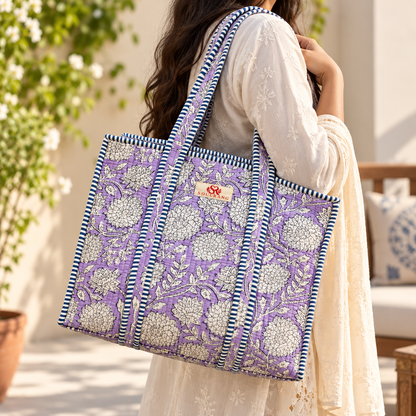 The Lavender Bloom Tote Bag carried on the shoulder