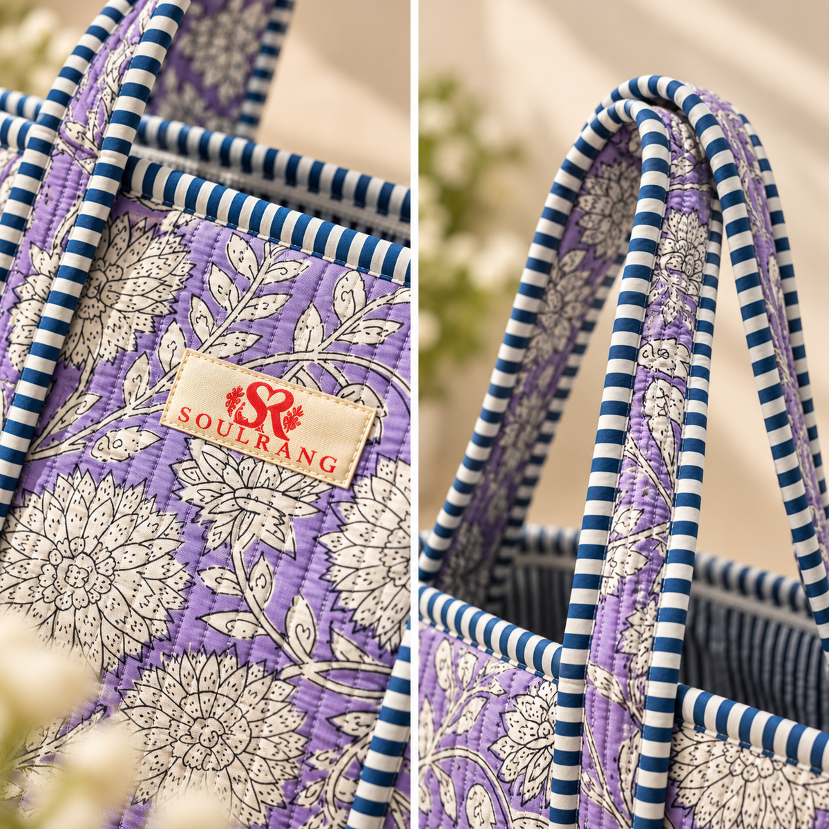 Close-up of the handles, label and quilted fabric on the Lavender Bloom Tote Bag