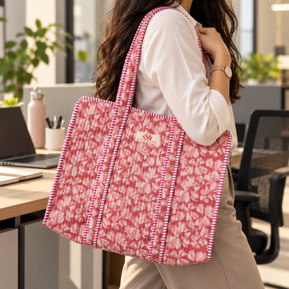 The Rosy Hues Tote Bag carried on the shoulder