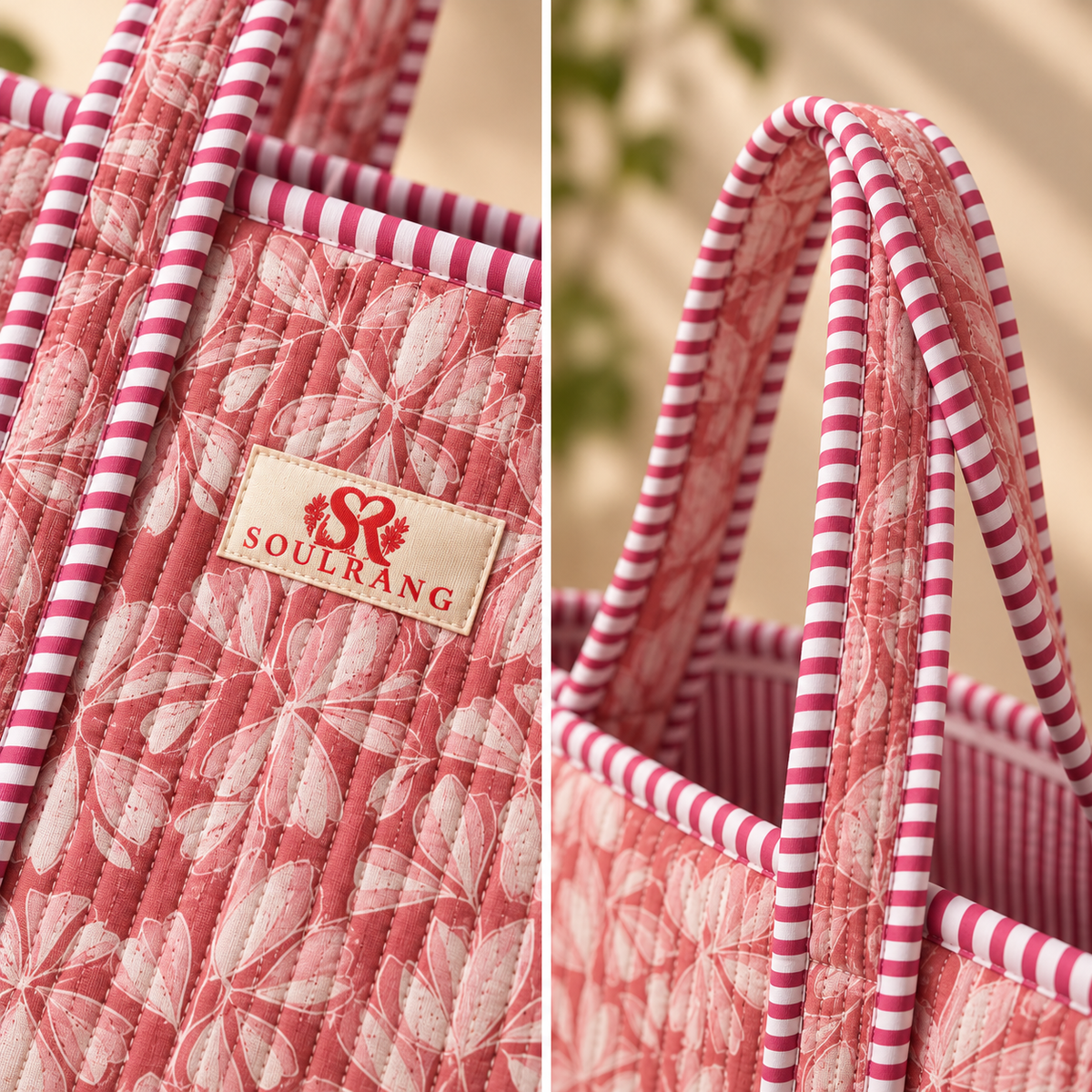 Close-up of the handles, label and quilted fabric on the Rosy Hues Tote Bag