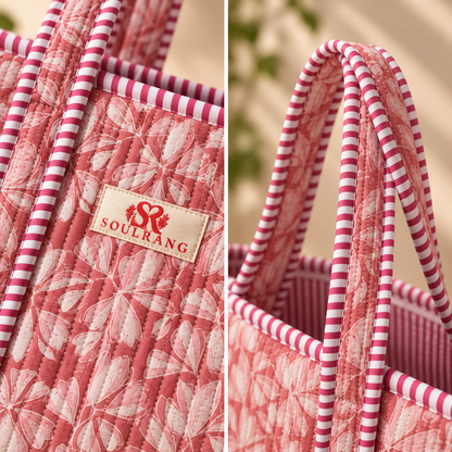 Close-up of the handles, label and quilted fabric on the Rosy Hues Tote Bag