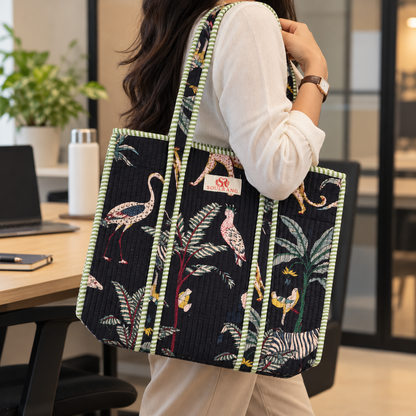 The Safari Tote Bag carried on the shoulder